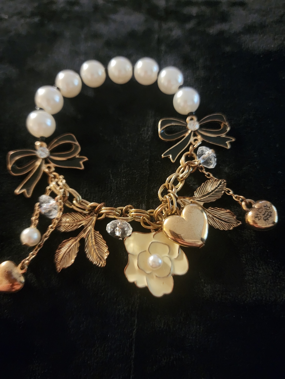 Gold and Pearl Charm Bracelet with Flower & Heart Charms